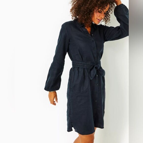 Bethanne Knee Length Linen Dress Black Onyx missing belt - Picture 2 of 5